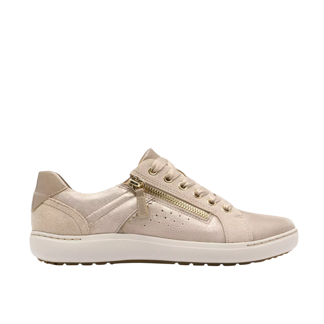 Beige sneaker with a gold zipper on a white background