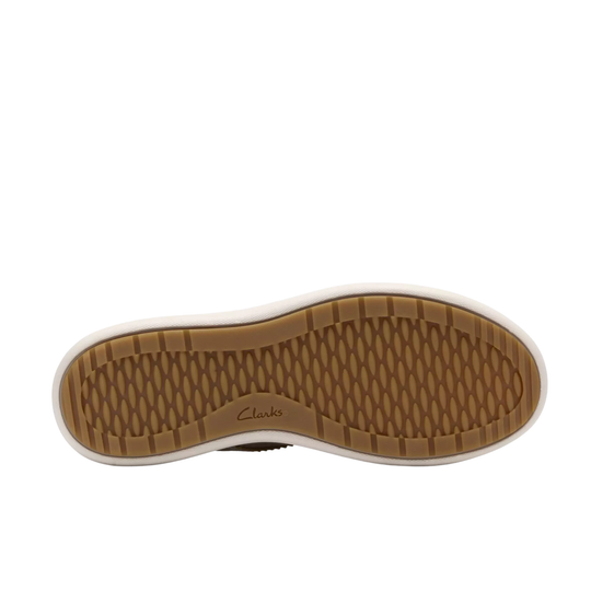 Cream sneaker outsole with brown tread and Clarks logo