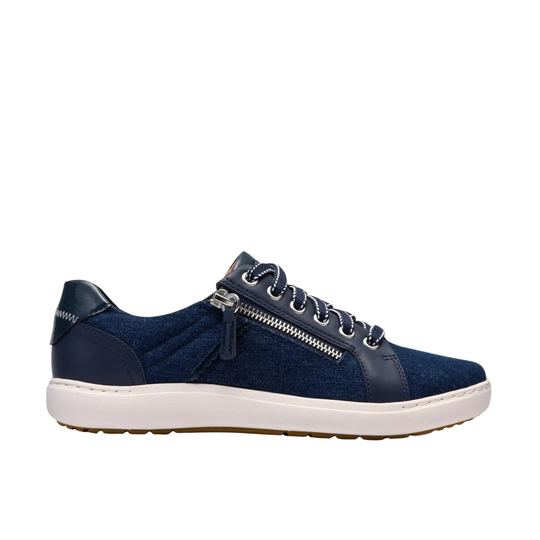 Navy blue sneaker with a zipper on a white background