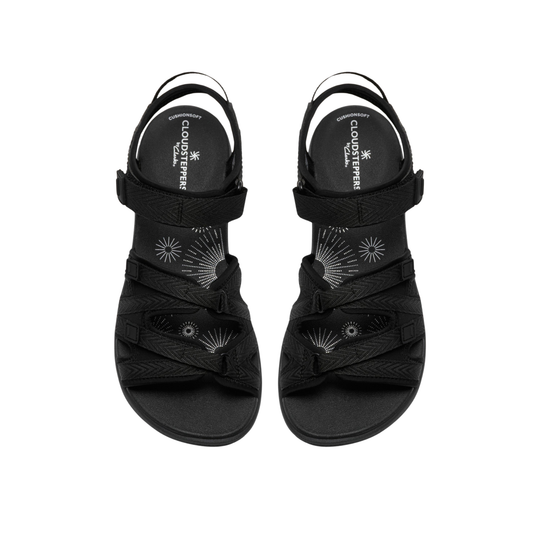 Black sandals with decorative elements on a white background