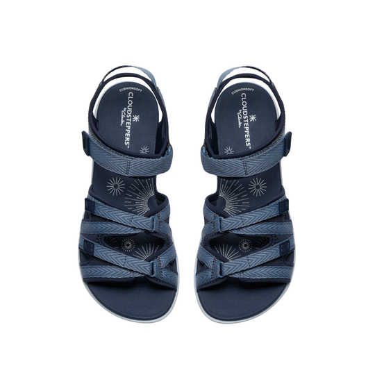 Pair of blue sandals with white straps on a white background
