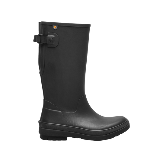 Black rubber boot with a buckle on a white background