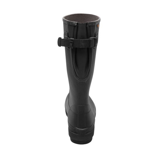 Black rubber boot with a strap on a white background