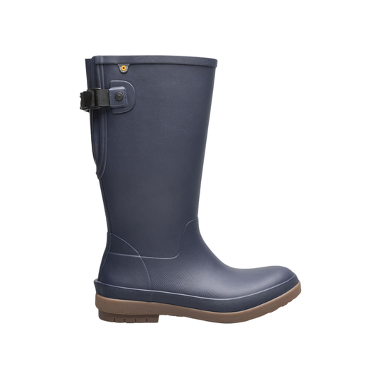 Navy blue rubber boot with a brown sole on a white background