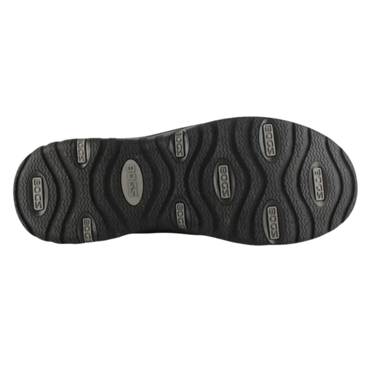 Close-up of a black shoe sole with brand logo on a white background