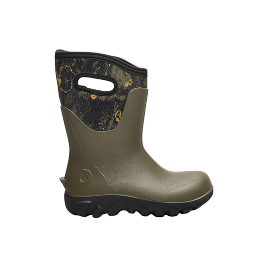 Green rubber boot with black sole on a white background