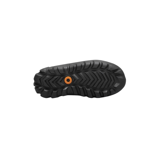 Black sole of a shoe with orange screw on a white background