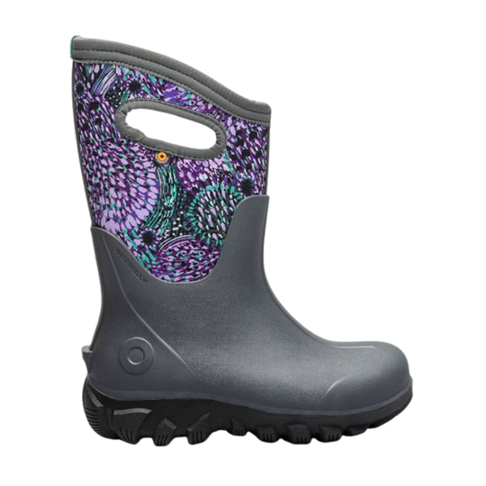 Gray rain boot with purple and teal pattern on a white background
