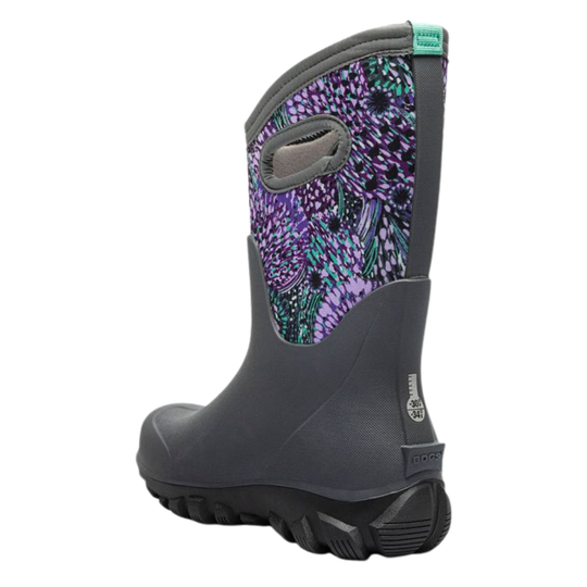 Gray rain boot with purple and green pattern on a white background