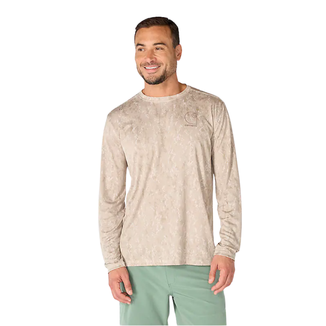 Man wearing a beige long-sleeve shirt with a logo on a white background