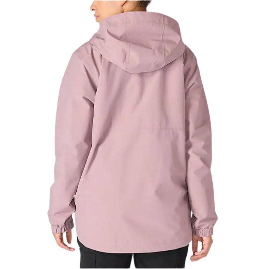 Pink raincoat worn by a person on a white background