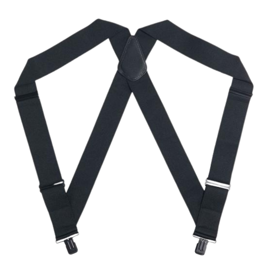 Black suspenders with silver clips on a white background