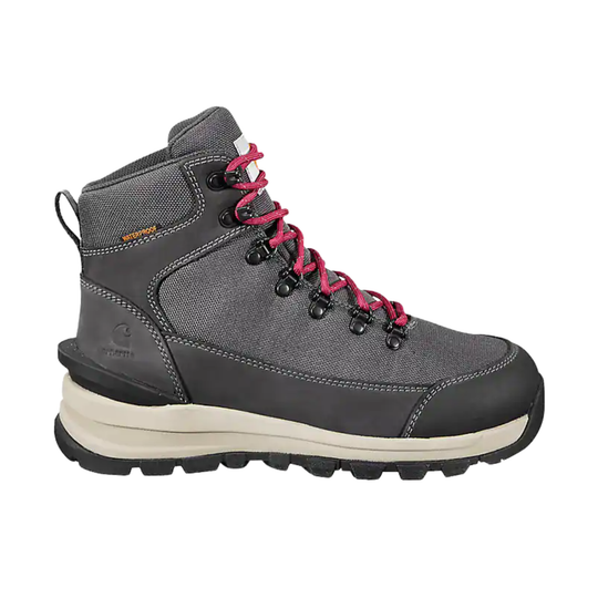 Gray work boot with pink laces on a white background