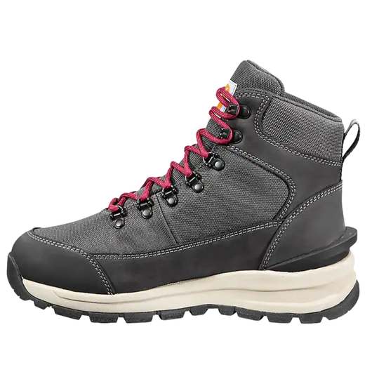 Gray work boot with red laces on a white background