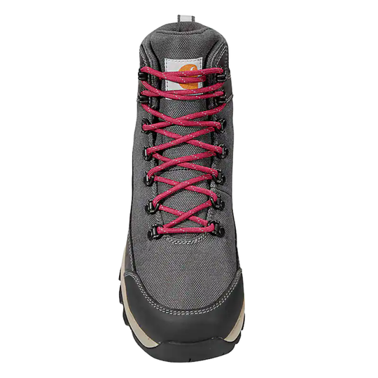 Gray work boot with pink laces on a white background