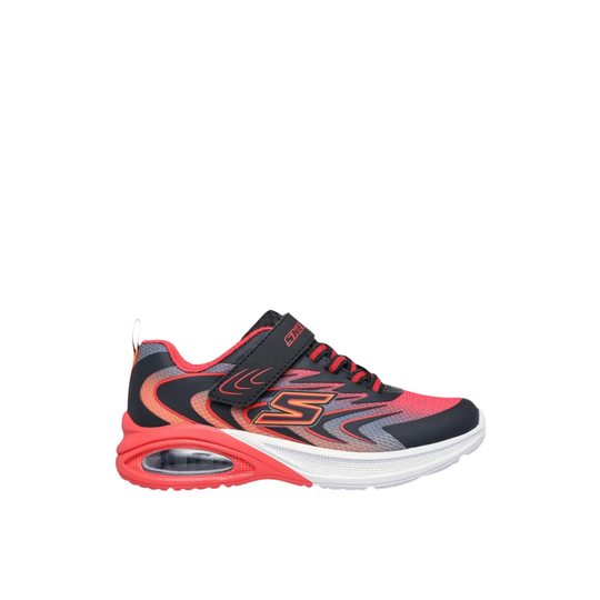Black and red athletic shoe on a white background