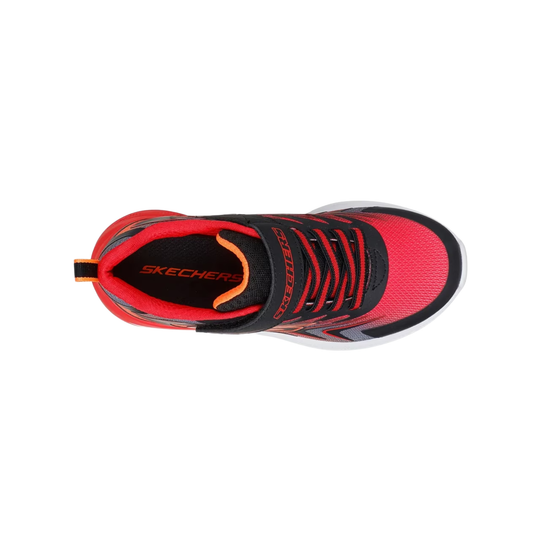 Black and red athletic sneaker with elastic laces, pull tab, and white sole