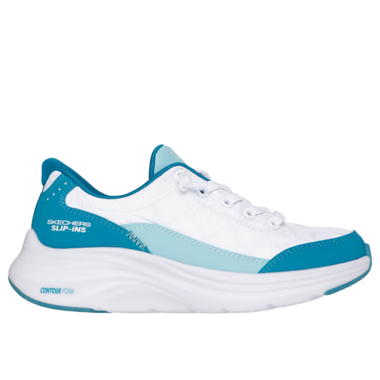 White and blue sneaker with 'Skechers' branding on a white background