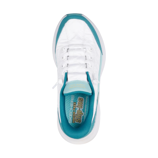 White sneaker with teal accents on a white background