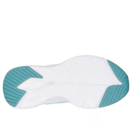 White sneaker with teal soles on a white background