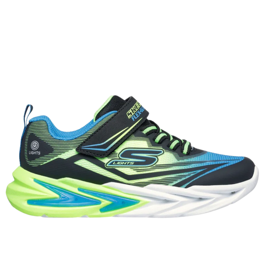 Skechers shoe with green, blue, and black design on a white background