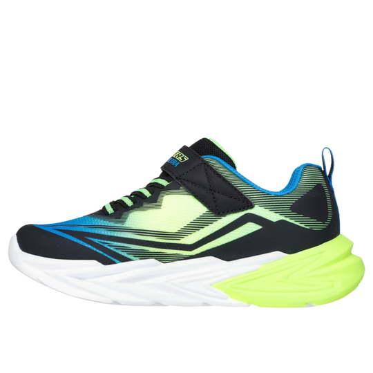 Neon green and black athletic shoe on a white background