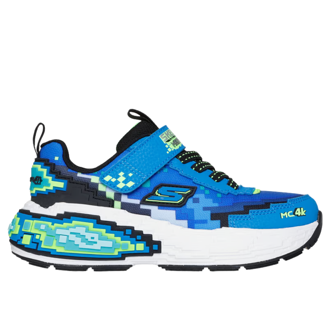 Blue and green sneaker with pixelated design on a white background