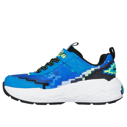 Blue pixelated sneaker with white sole on a white background