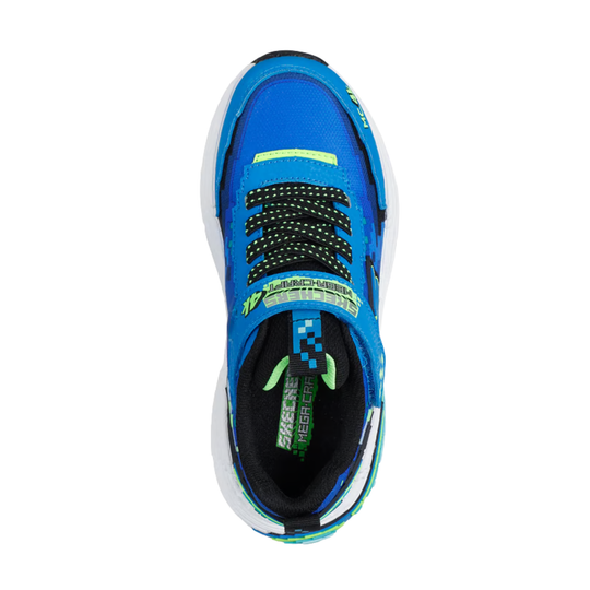 Blue and green sneaker with brand logo on a white background