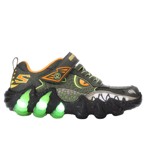 Children's shoe with green glowing sole on a white background