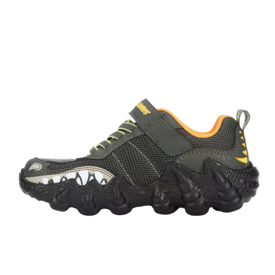 Black and gray shoe with unique sole design on a white background