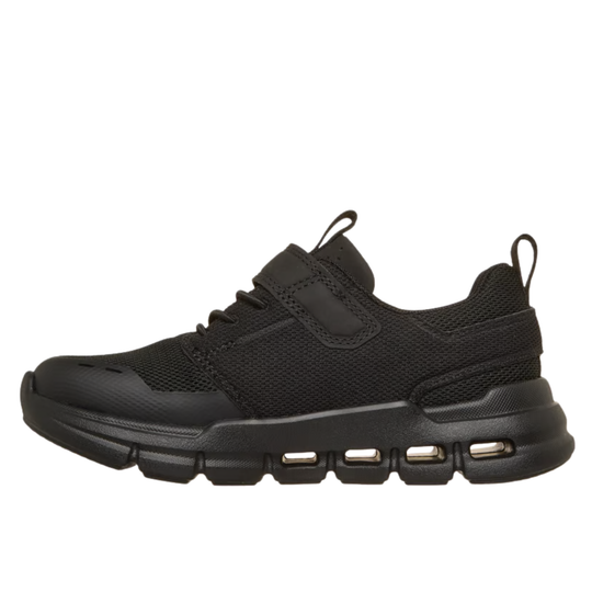 Black sneaker with visible sole on a white background