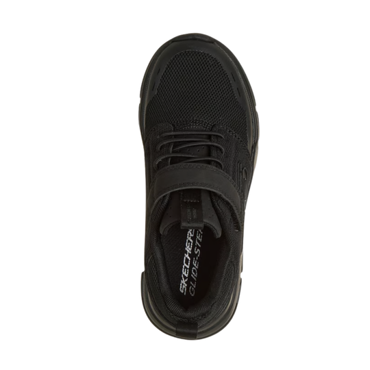 Black sneaker with visible brand logo on a white background