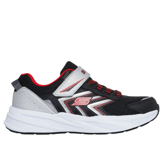 Black and red athletic shoe with white sole on a white background