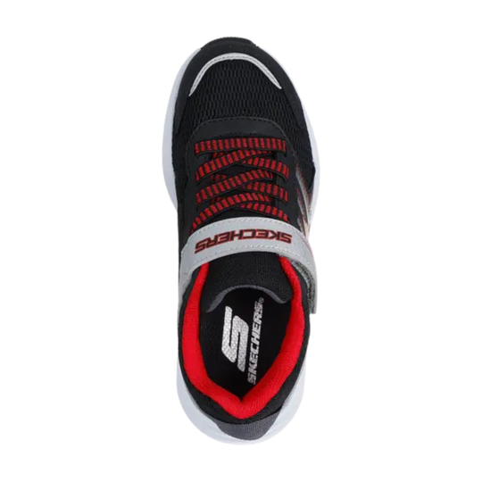 Black athletic sneaker with red laces, gray strap, and white sole, viewed from above