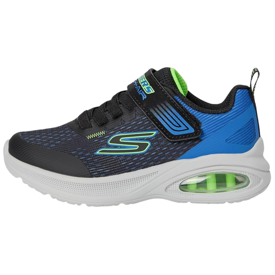 Black and blue sneaker with green accents on a white background