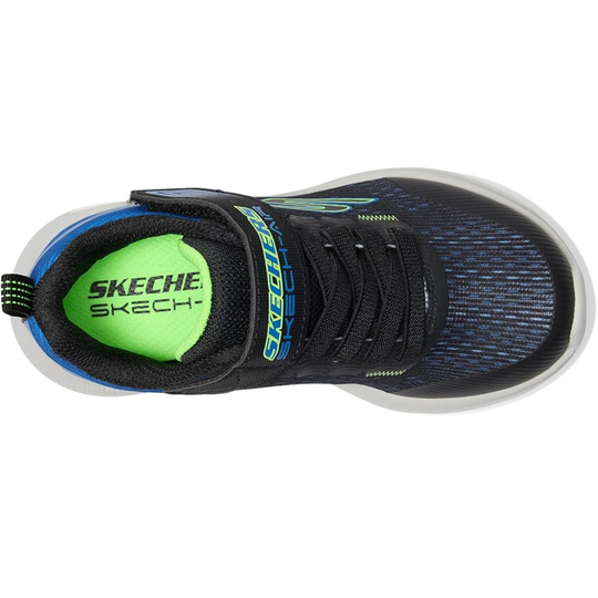 Black athletic sneaker with blue accents, lime green lining, and elastic laces, shown from above