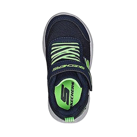 Black and gray kids' sneaker with neon green laces and Skechers branding