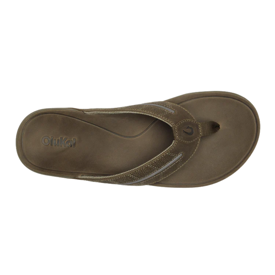 mustang brown flip flop with Olukai logo on sole