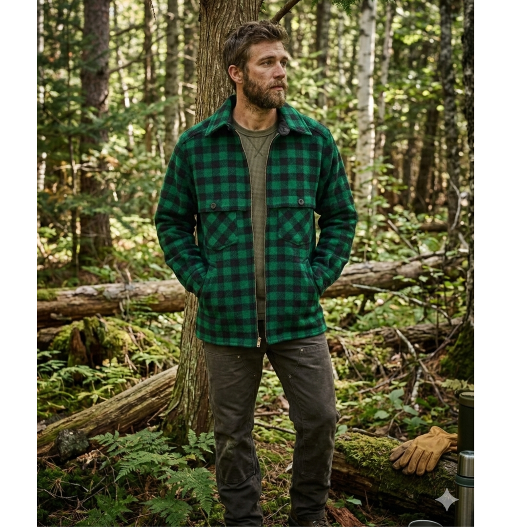 Man wearing a green plaid shirt and brown pants standing in a forest.