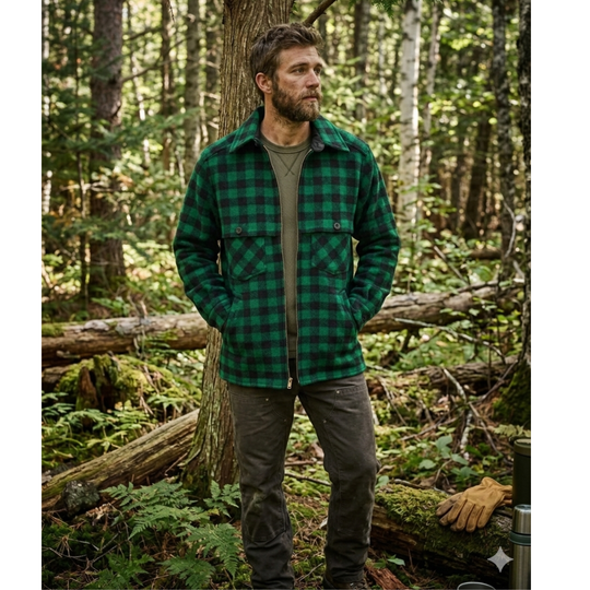 Man wearing a green plaid shirt and brown pants standing in a forest.