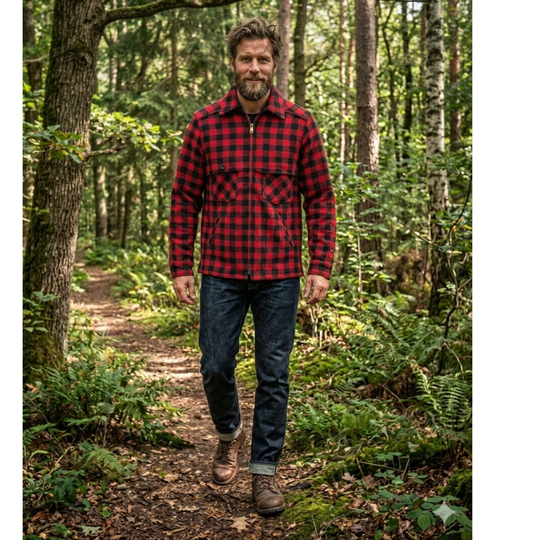 Man wearing a red and black checkered jacket and blue jeans walking through a forest.