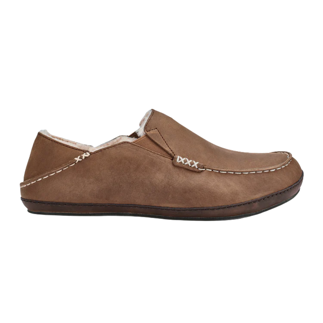 Brown slip-on shoe with white lining on a white background