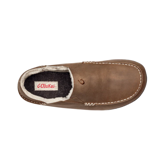 Brown slip-on moccasin slipper with white fleece lining and stitched toe seam