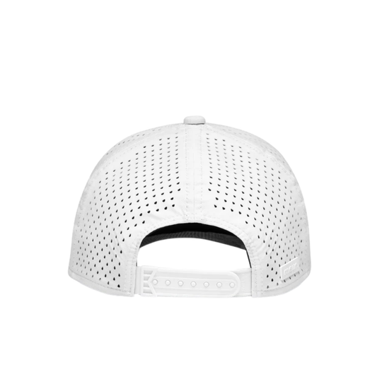 White baseball cap with perforated design on a white background