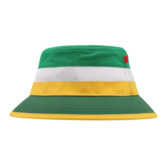 Colorful bucket hat with green, white, and yellow stripes on a white background