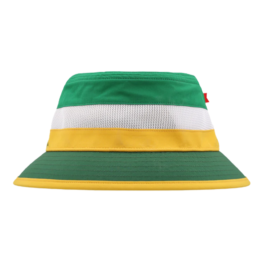 Color-blocked bucket hat with green, white, and yellow bands on a white background