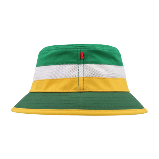 Colorful bucket hat with green, yellow, and white stripes on a white background