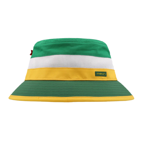 Color-blocked bucket hat with green, white, and yellow sections on a white background