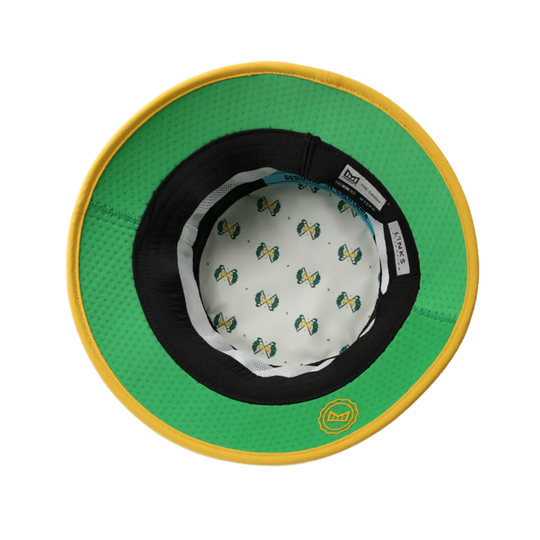 Green and yellow hat with a patterned interior on a white background